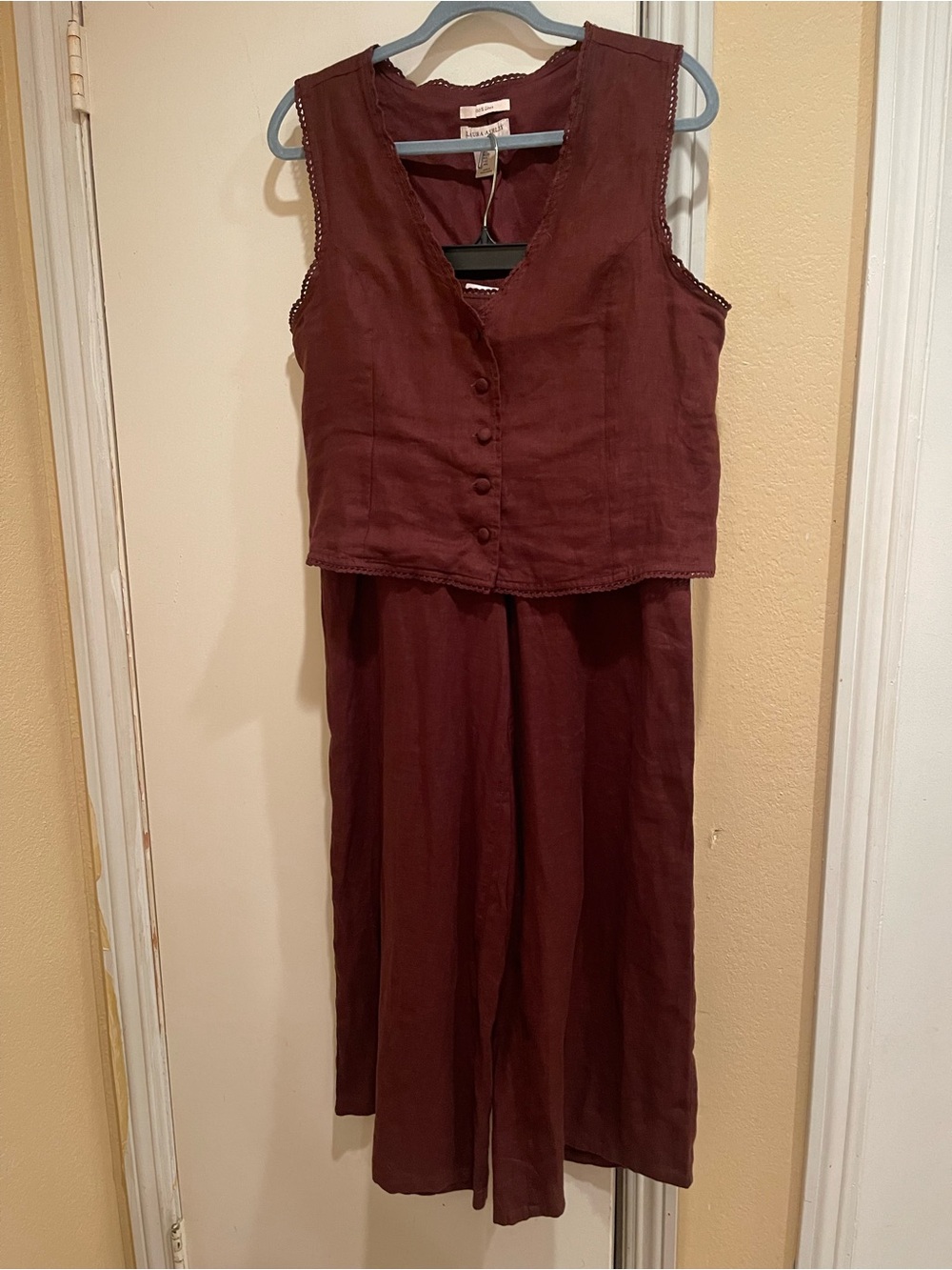 Laura Ashley Linen Elastic-Waist Pants in Deep Burgundy